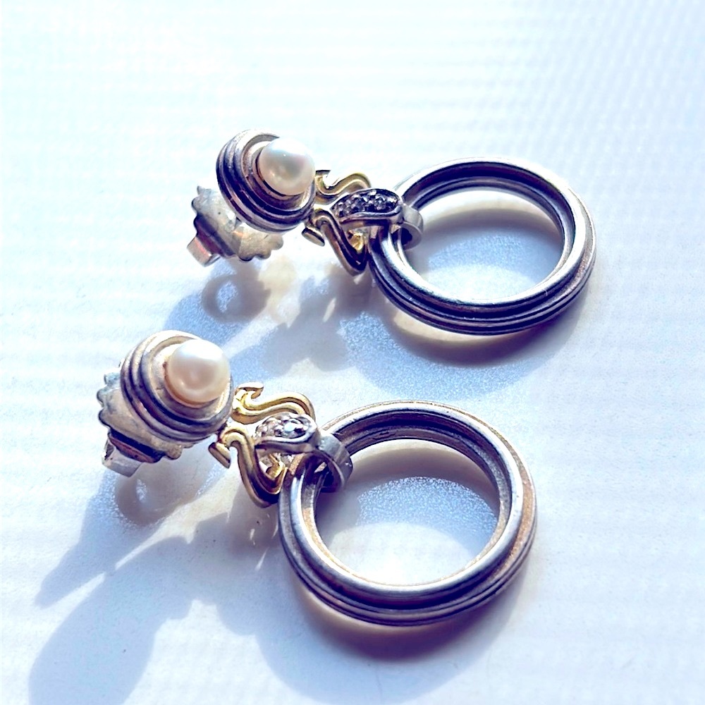 Slane & Slane extremely rare 18k gold and sterling silver diamond pearl earrings - Picture 2 of 8
